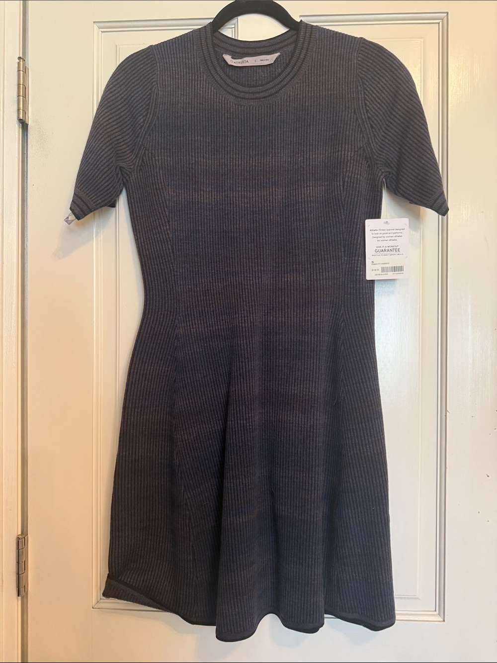 Athleta Ribbed Short-Sleeve Crewneck Sweater Dress in Charcoal